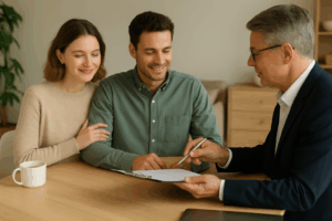 Couple signant un compromis de vente avec un conseiller immobilier dans une agence moderne, lumière naturelle, ambiance professionnelle et chaleureuse.