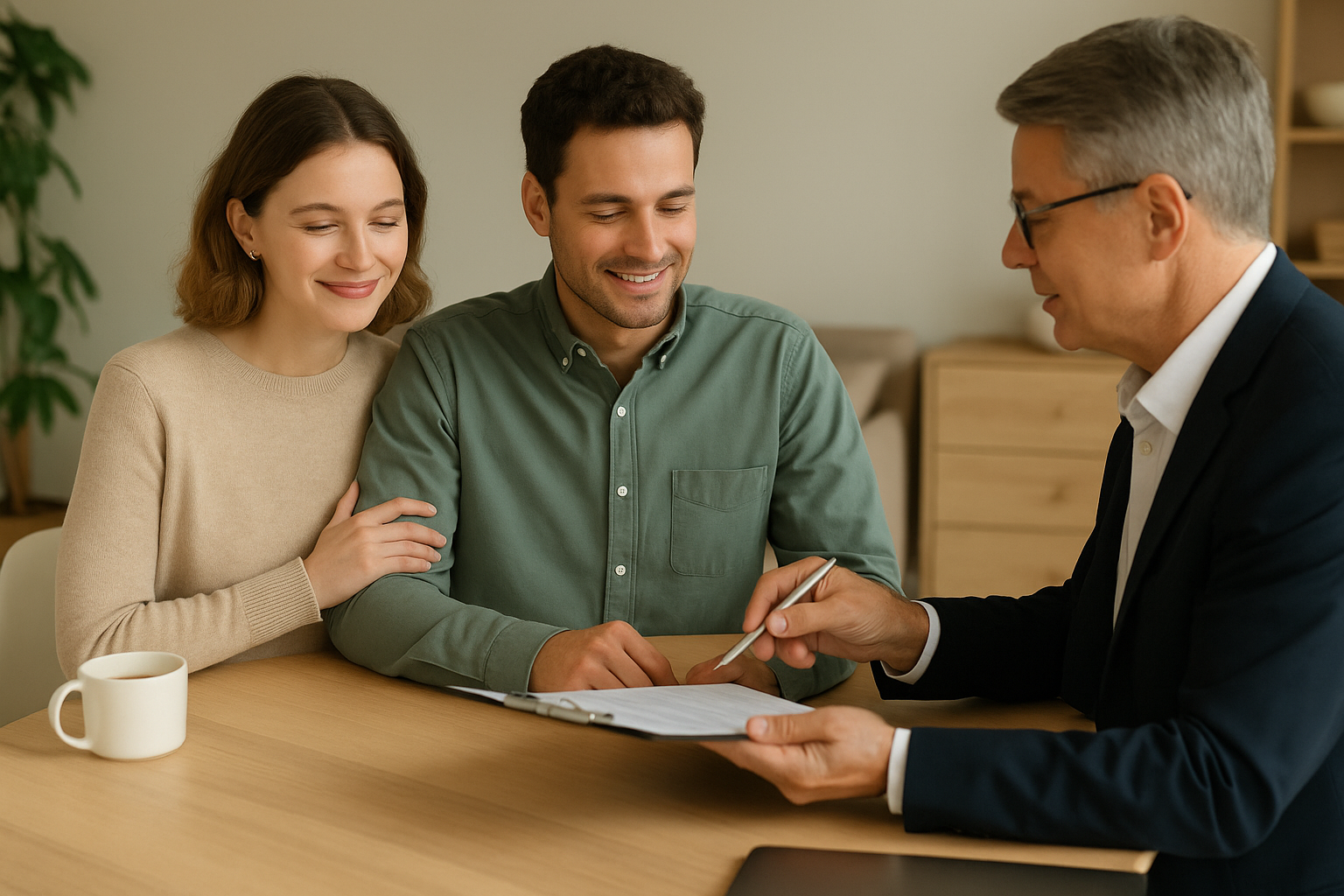 Couple signant un compromis de vente avec un conseiller immobilier dans une agence moderne, lumière naturelle, ambiance professionnelle et chaleureuse.