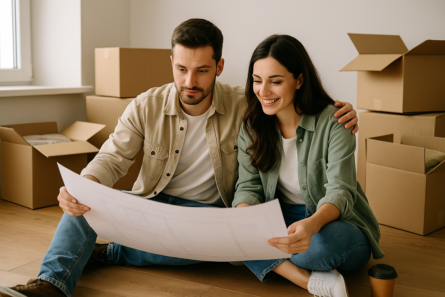 Couple dans leur nouveau logement en train de planifier des travaux après l’achat, entouré de cartons et de plans.