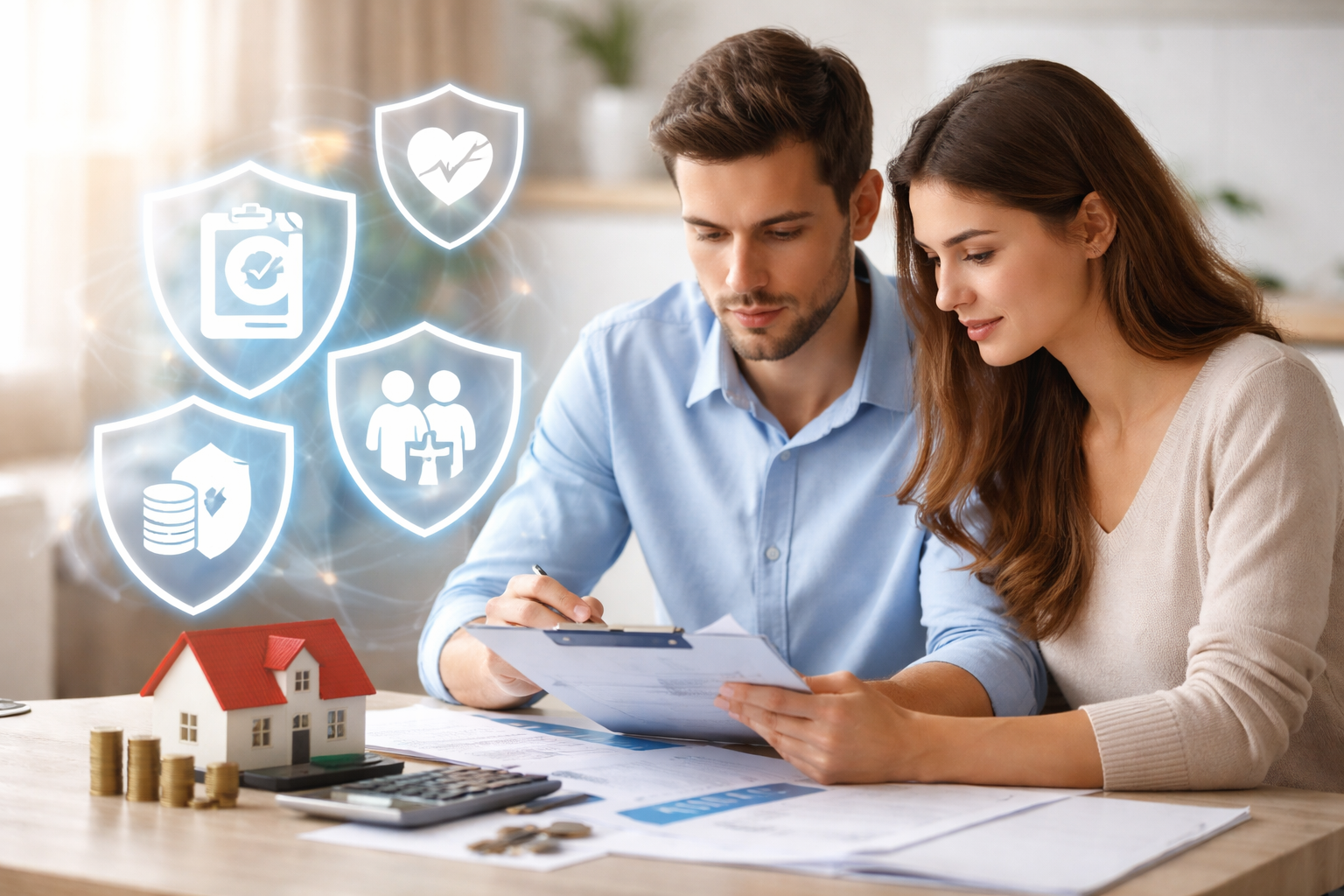 Couple analysant une assurance emprunteur pour sécuriser un crédit immobilier en 2026, avec documents de prêt et éléments de protection financière.