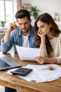 couple inquiet analysant un dossier après un refus de prêt immobilier