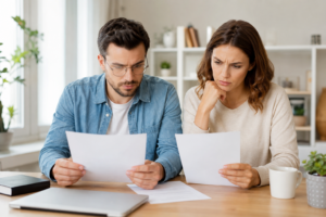 Couple assis à un bureau lumineux, comparant attentivement deux documents financiers côte à côte dans un intérieur moderne aux tons neutres. Un ordinateur portable fermé et une tasse sont posés sur la table. L’ambiance est professionnelle et sereine, évoquant la comparaison d’offres de prêt immobilier entre une banque et un courtier.
