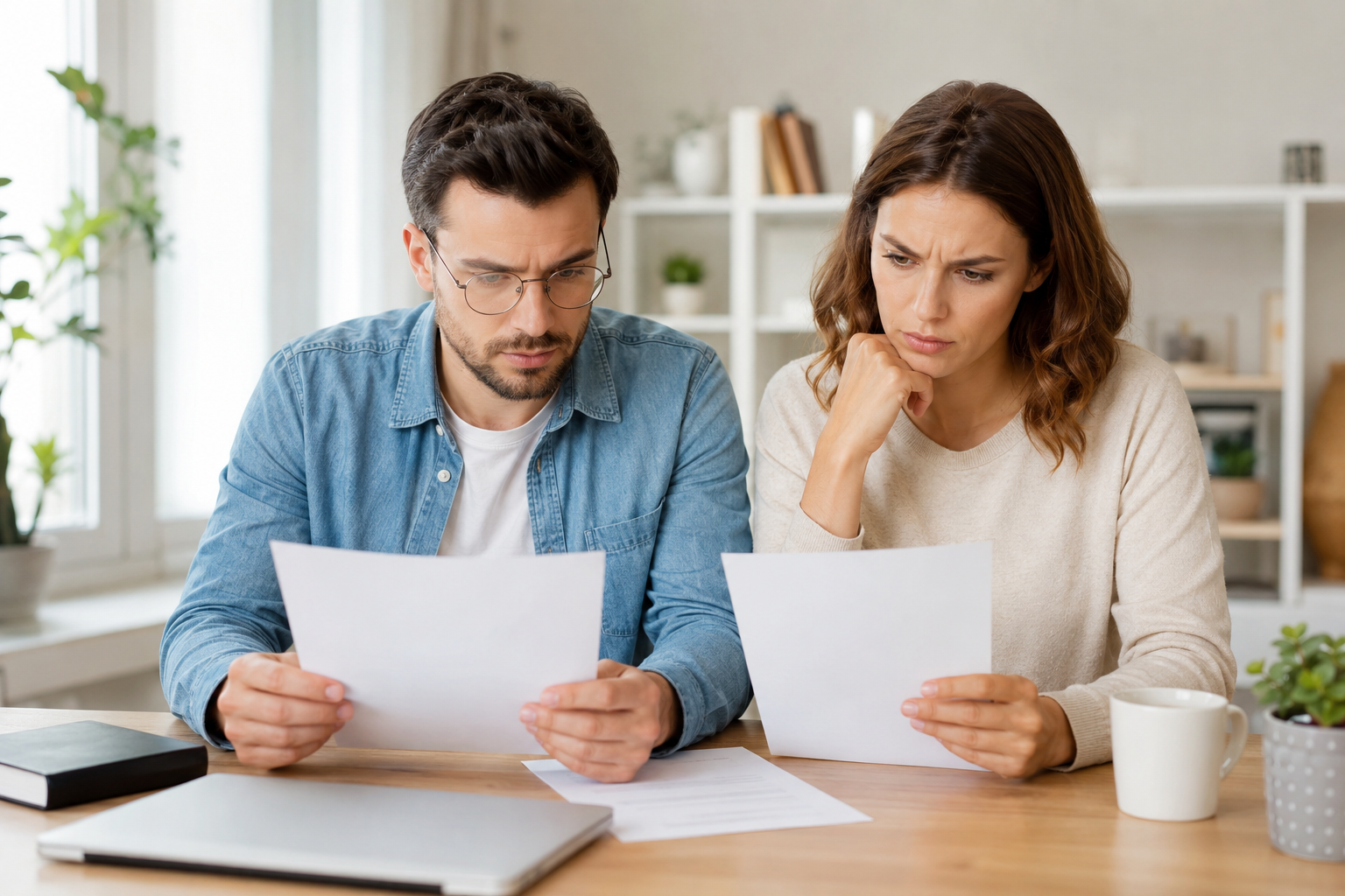 Couple assis à un bureau lumineux, comparant attentivement deux documents financiers côte à côte dans un intérieur moderne aux tons neutres. Un ordinateur portable fermé et une tasse sont posés sur la table. L’ambiance est professionnelle et sereine, évoquant la comparaison d’offres de prêt immobilier entre une banque et un courtier.
