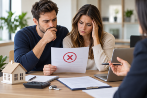 Couple confronté à un refus de prêt immobilier lors d’un rendez-vous de financement